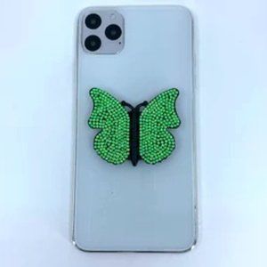 Black butterfly phone stand grip with light green rhinestones.